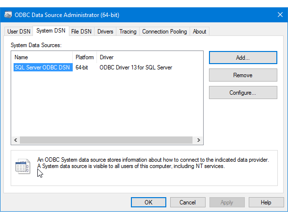 Screenshot of the newly created System DSN created in the ODBC Data Source Administrator.