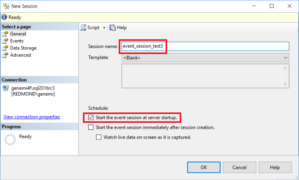 New Session > General, Start the event session at server startup.