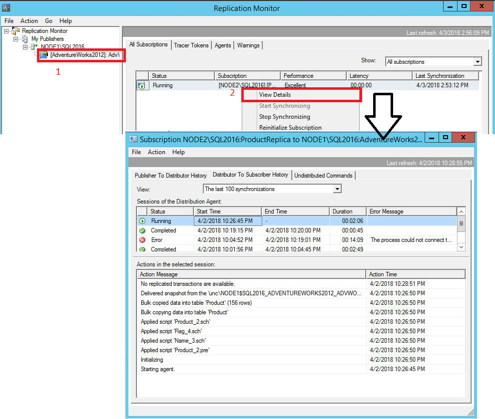 Screenshot of Distribution Agent with a "Running" status and a message about bulk copy.