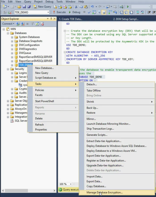 ekm-tde-object-explorer Screenshot showing Object Explorer with Tasks > Manage Database Encryption selected.