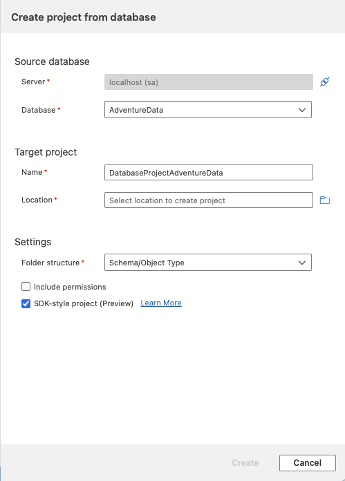 Screenshot of Create project from database dialog in Visual Studio Code.