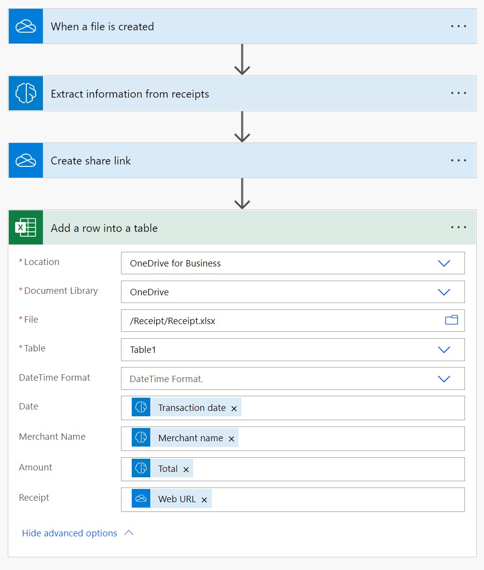 Process from file creation through process and save information from receipts, create share link, and add row into table.