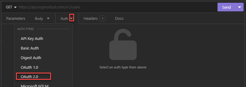 Screenshot showing the OAuth 2.0 selection.