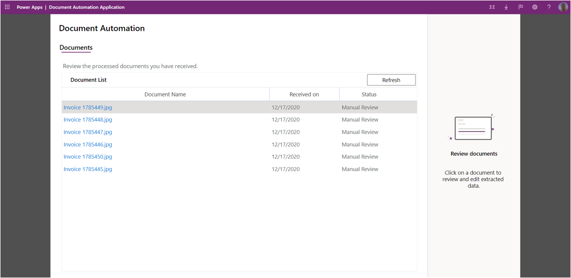 List of documents for review with invoice image documents for manual review.