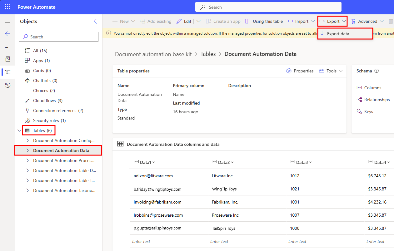 Tables > Document Automation Data showing the Columns tab.
