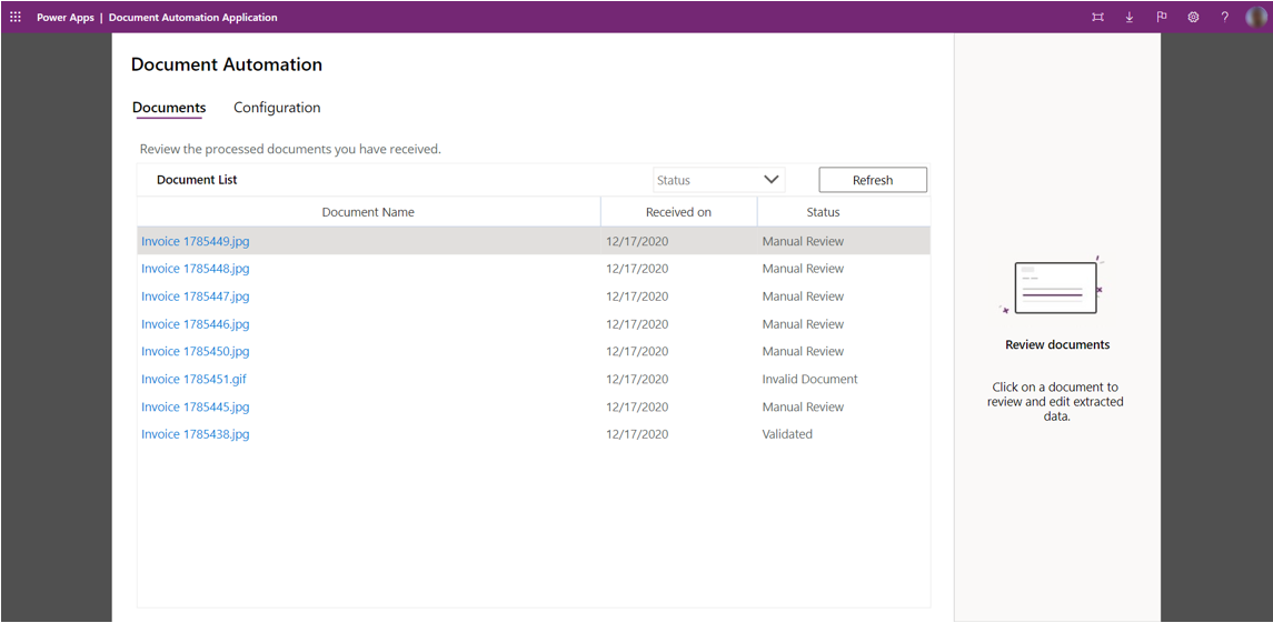 List of documents including those with Validated or Invalid Document status.