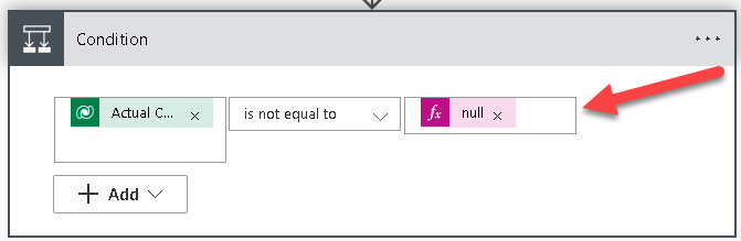 Screenshot of the Actual Completion Date set to does not equal null.