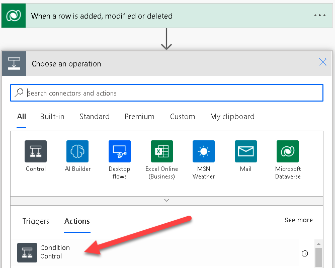 Screenshot of the Condition Control action.