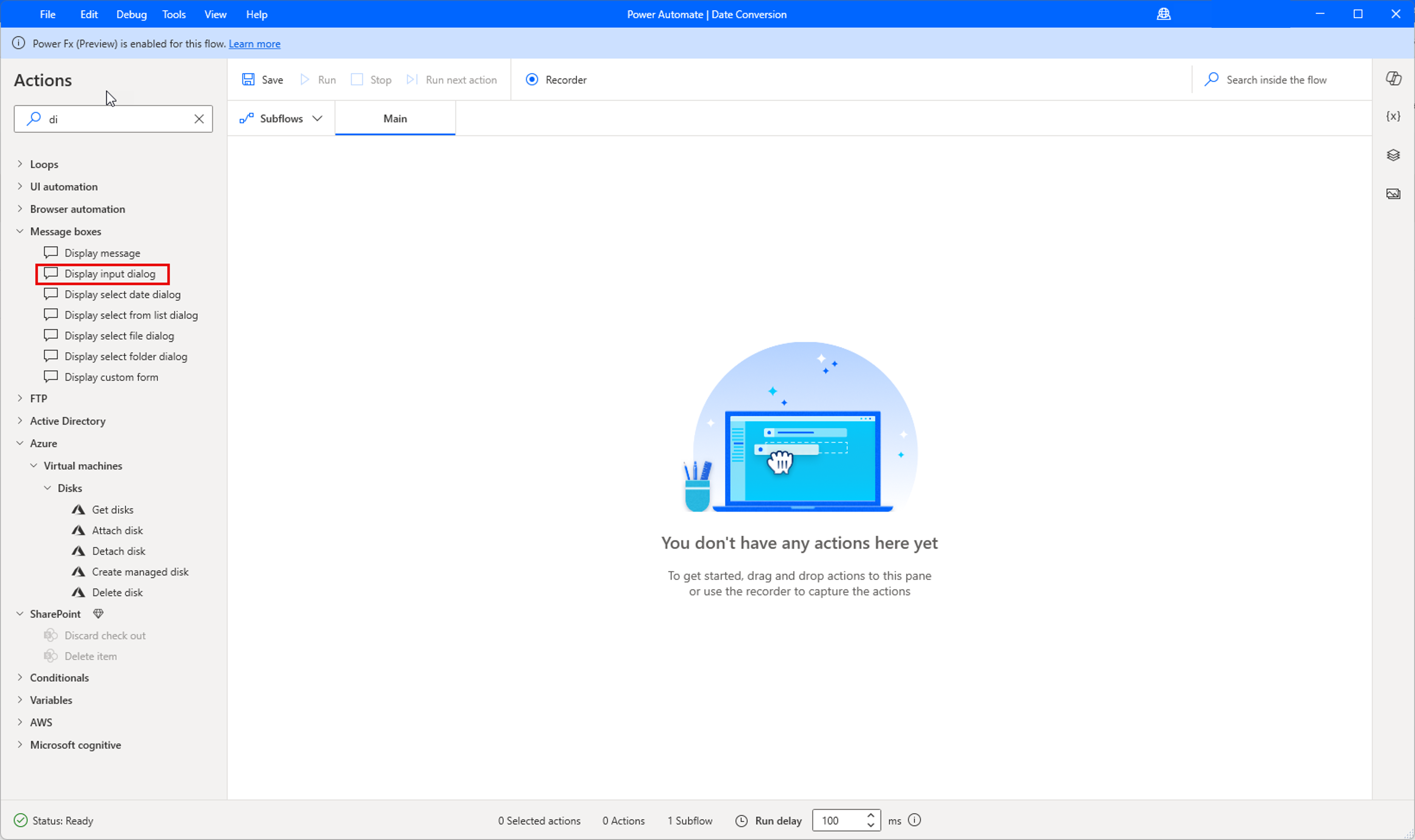 Screenshot of search in Actions pane.