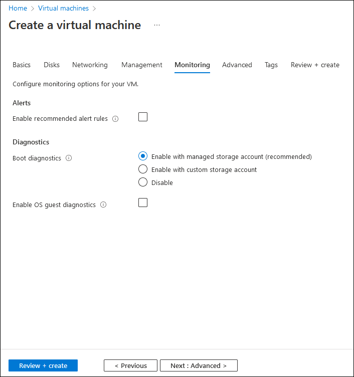 Screenshot showing the Monitoring tab of the Create a virtual machine wizard.