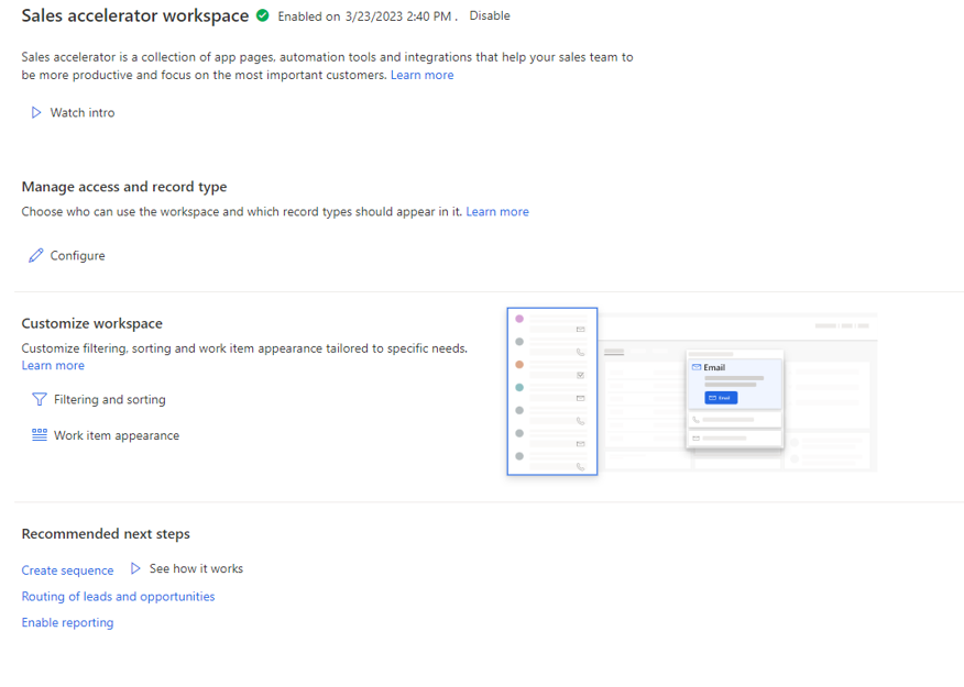 Screenshot of the sales accelerator workspace.