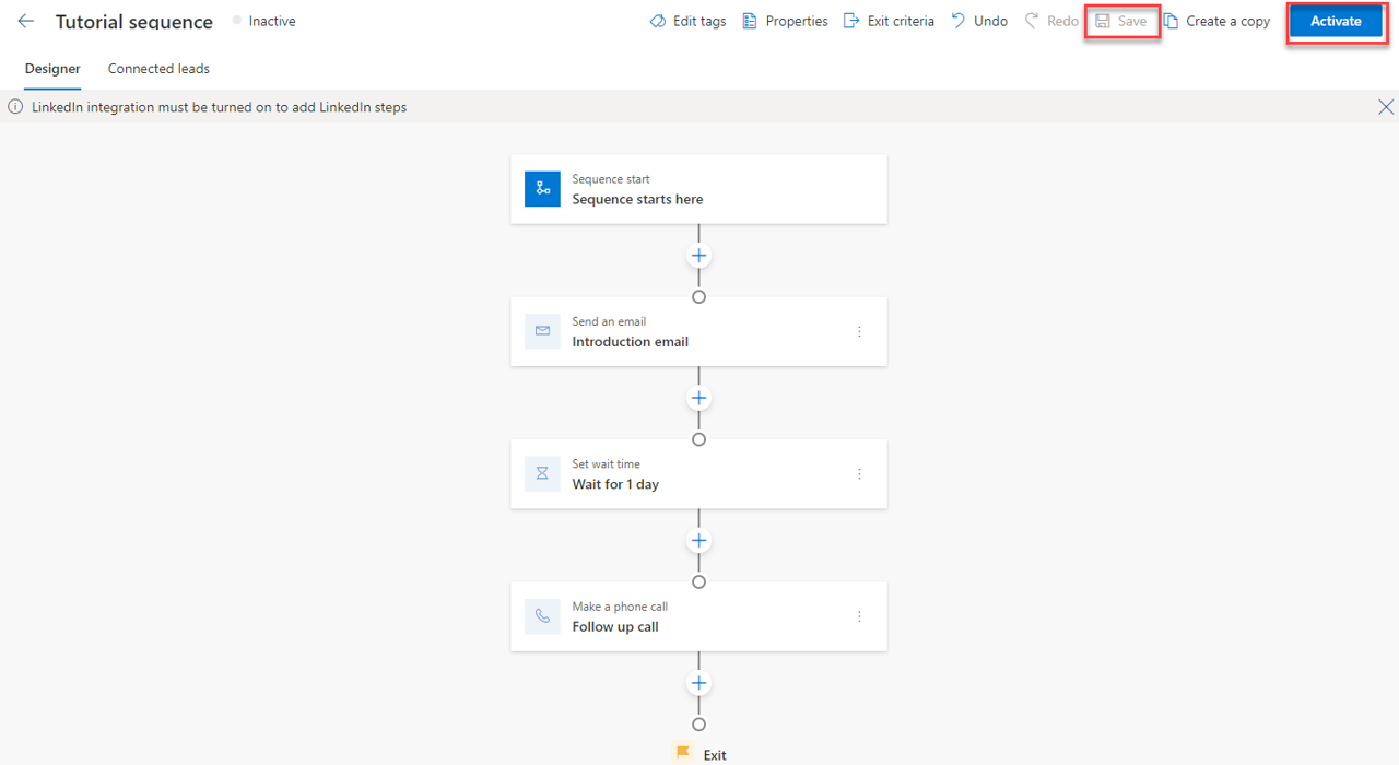 Screenshot of the save and activate buttons.