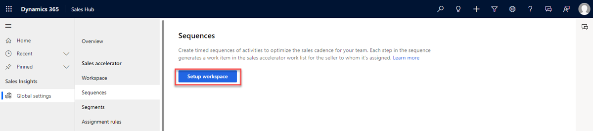 Screenshot of the setup workspace button.