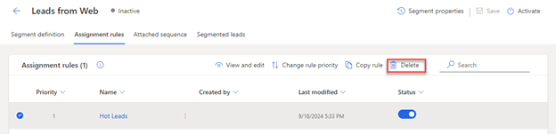 Screenshot of deleting a rule by selecting the delete icon next to the rule name.