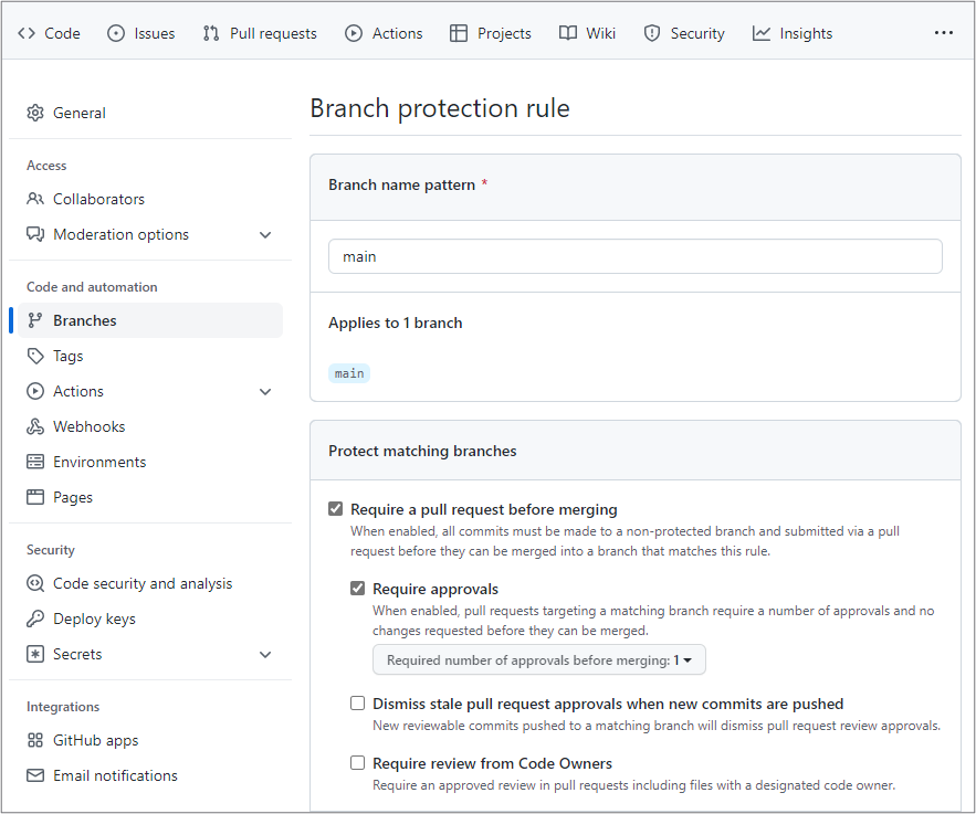 ảnh chụp màn hình về việc đặt cấu hình quy tắc bảo vệ nhánh trong GitHub.