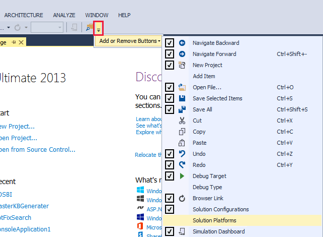 Invisible Solution Platform drop-down list - Visual Studio | Microsoft Learn