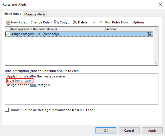 Screenshot of the Rules and Alerts dialog box.