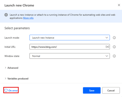 Insert an error handling policy by using the On error option.