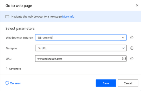 Configure the parameters of the Go to Web page action.