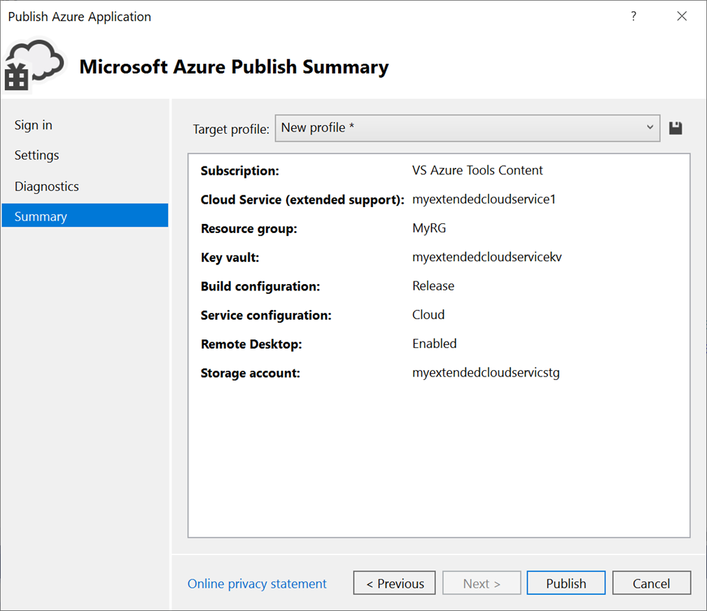 Screenshot that shows the Microsoft Azure Publish Summary pane.