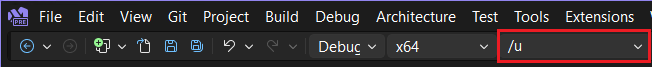 Screenshot of the command-line arguments drop-down list in the Standard toolbar.