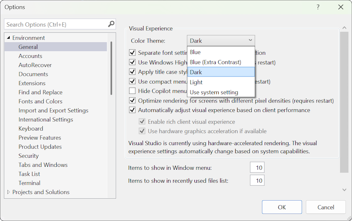 Screenshot of the Options dialog box that you can use to change the color theme. Screenshot of the Options dialog box to change the color theme