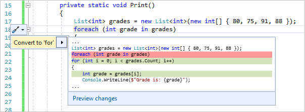 Refactor to convert a for loop to a foreach statement - Visual Studio  (Windows) | Microsoft Learn