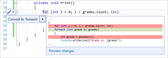 Refactor to convert a for loop to a foreach statement - Visual Studio  (Windows) | Microsoft Learn