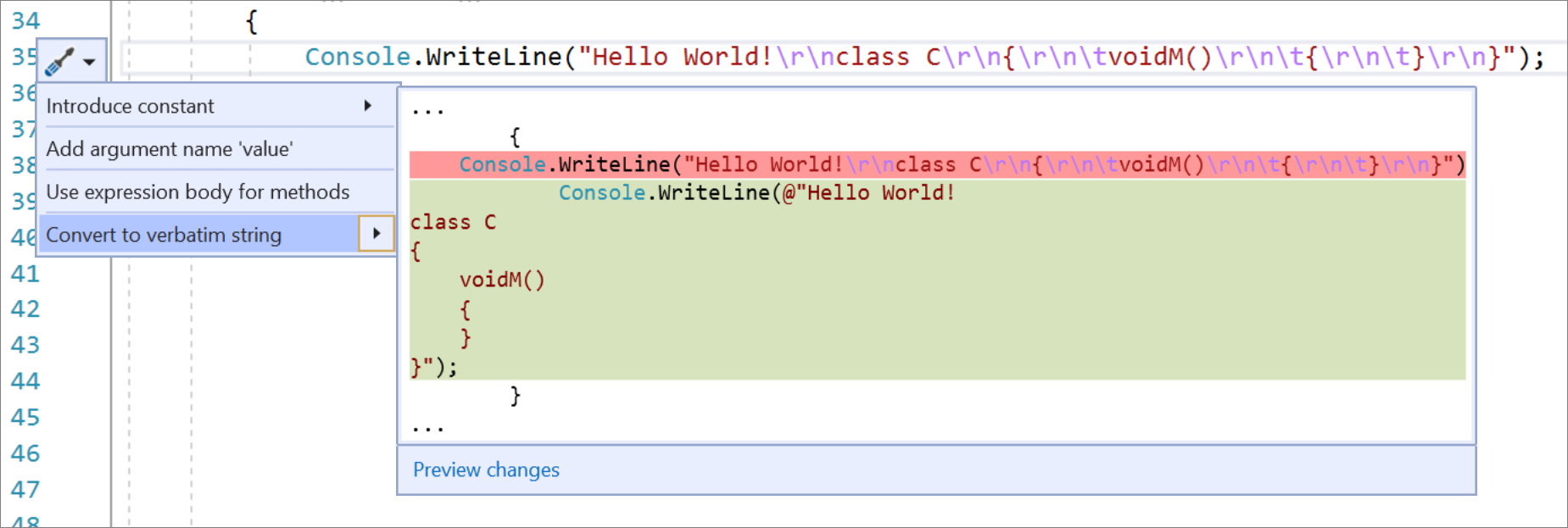 Convert between regular and verbatim string literals - Visual Studio  (Windows) | Microsoft Learn