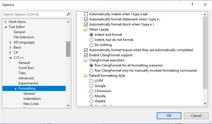 Options, Text Editor, C/C++, Formatting - Visual Studio (Windows) |  Microsoft Learn