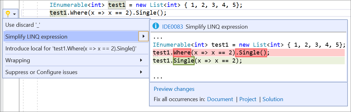 Screenshot of Simplify LINQ expression.