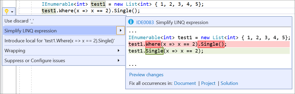 Simplify LINQ expression - Visual Studio (Windows) | Microsoft Learn