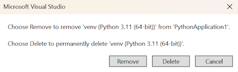 Screenshot of delete or remove Python environment pop-up.