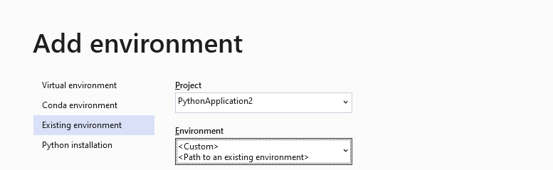 Screenshot of existing environment tab in the Add environment dialog-2022.