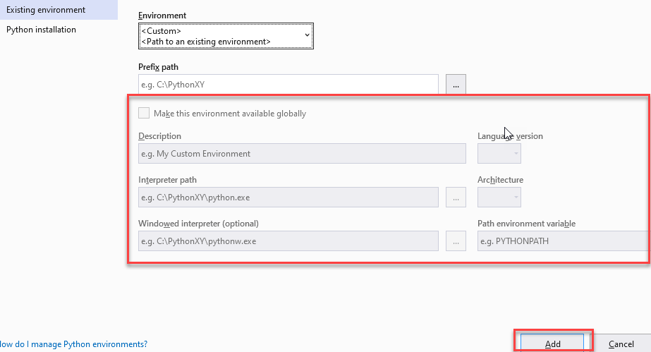 Screenshot of fields to specify details for a custom environment option in the Add environment dialog-2022.