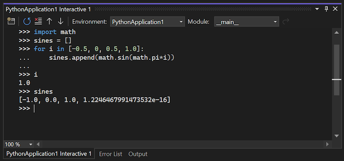 Screenshot that shows the expanded view of the Python interactive window in Visual Studio 2022.