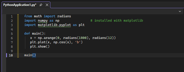 Screenshot that shows how Visual Studio uses special formatting to indicate that the matplotlib import statement is unresolved.