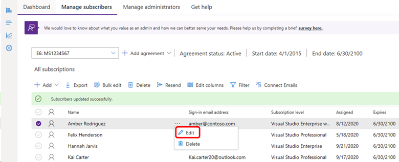 Edit Visual Studio subscriptions in the Administration Portal | Microsoft  Learn