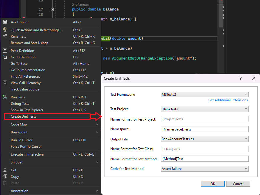 Using the Create unit tests command and menu dialog