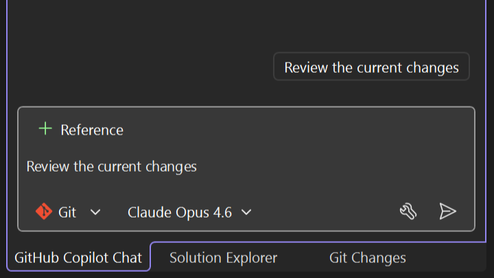 Screenshot showing Copilot Chat with the Git agent and Review changes option highlighted.