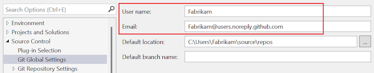 Screenshot of the Git Global Settings options in the Options dialog with the user name and email highlighted.