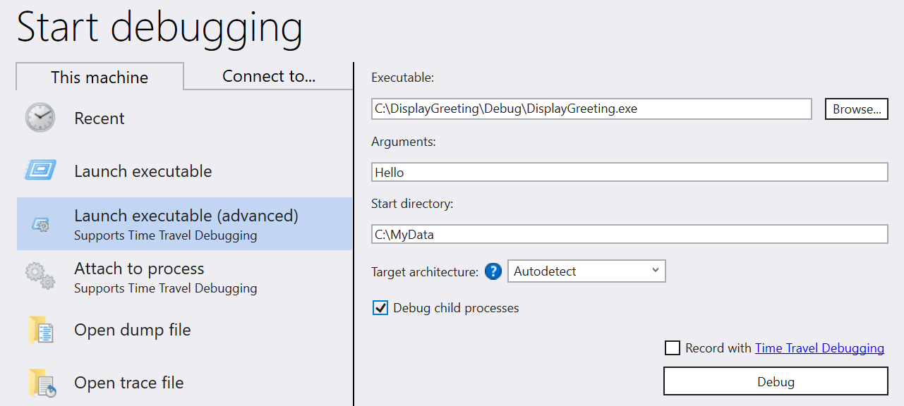 Screenshot of the Launch executable (advanced) dialog displaying options.
