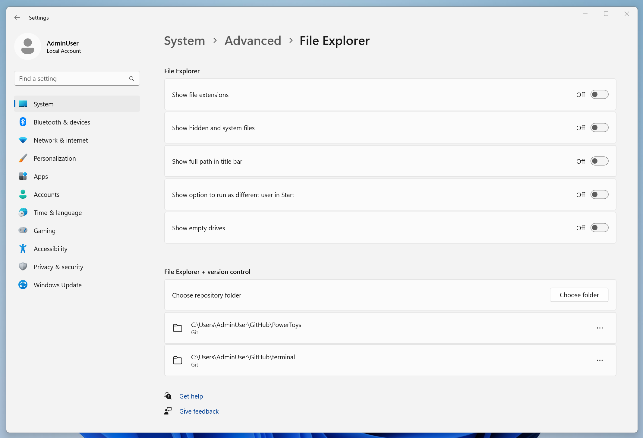 File Explorer version control Settings