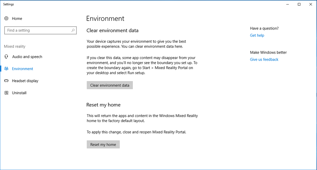 Windows Settings panel to reset my home