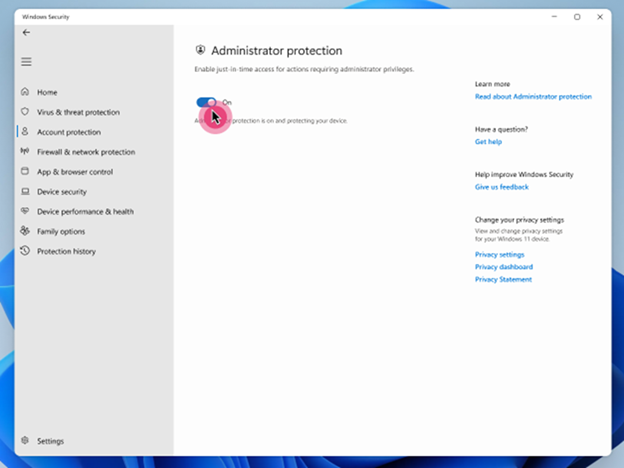 Screenshot of the Windows Security app showing how to enable administrator protection.