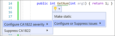 Screenshot that shows how to configure rule severity from the light bulb menu in Visual Studio 2019.