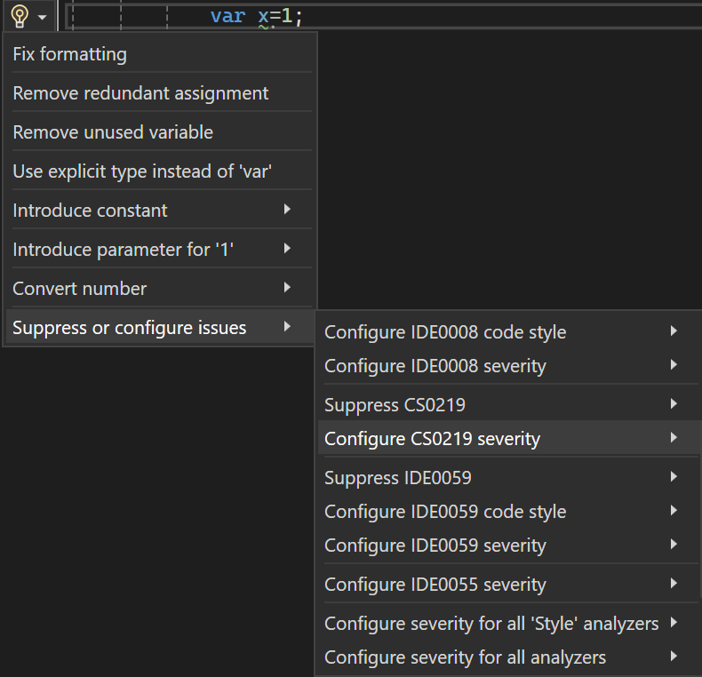 Screenshot that shows how to configure rule severity from the light bulb menu in Visual Studio 2022.