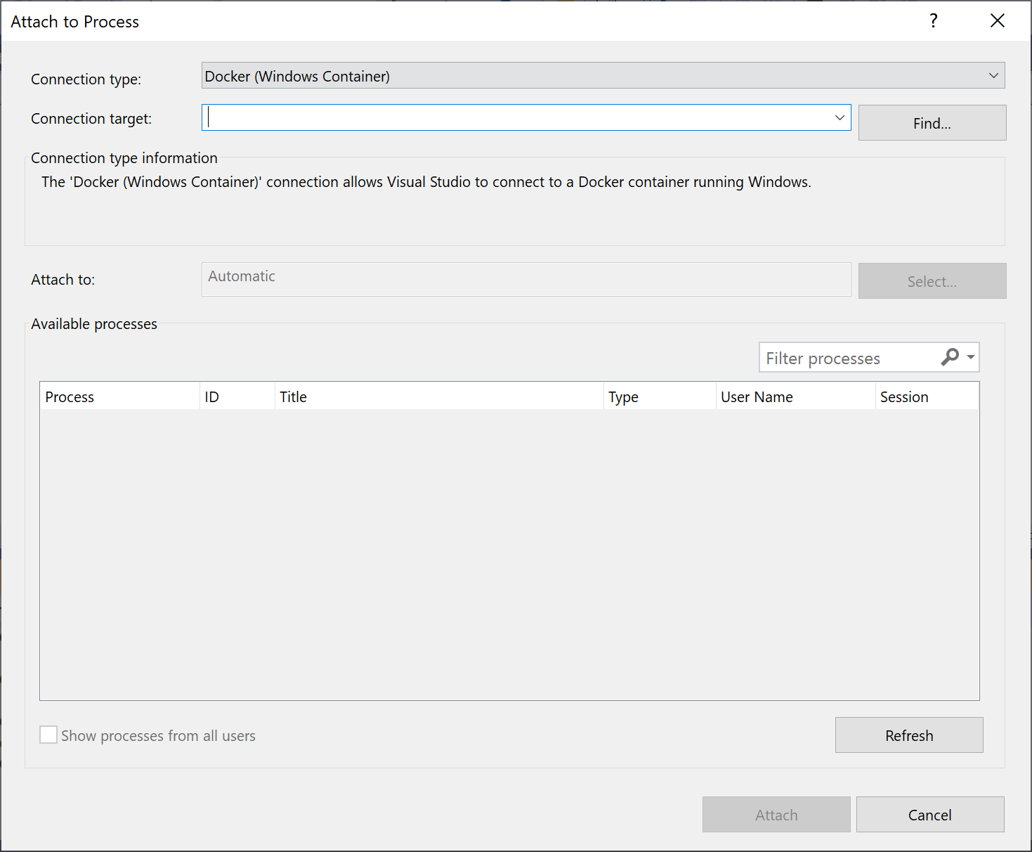 Screenshot of the Attach to Process dialog in Visual Studio showing a Connection type of Docker (Windows Container).