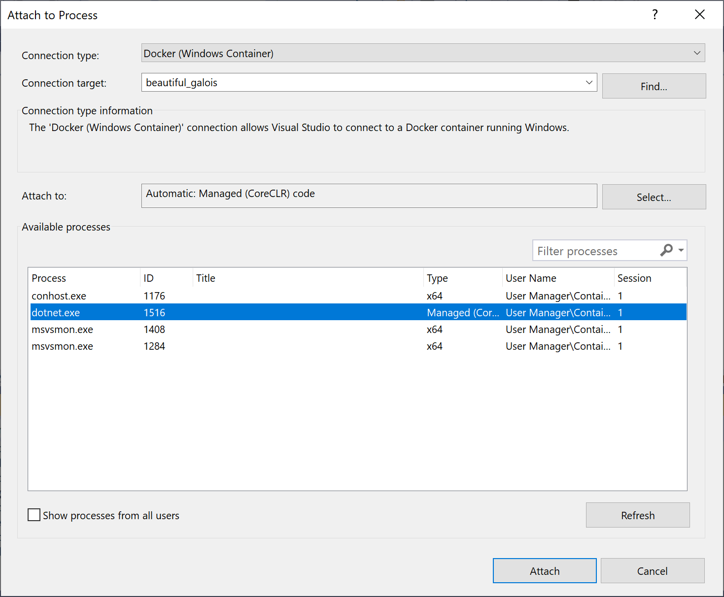 Screenshot of the Attach to Process dialog in Visual Studio. Connection type is set to Docker (Windows Container) and the dotnet.exe process is selected.