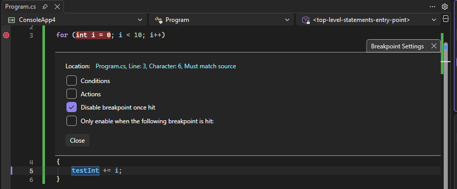 TemporaryBreakpoint Screenshot that shows a temporary breakpoint.